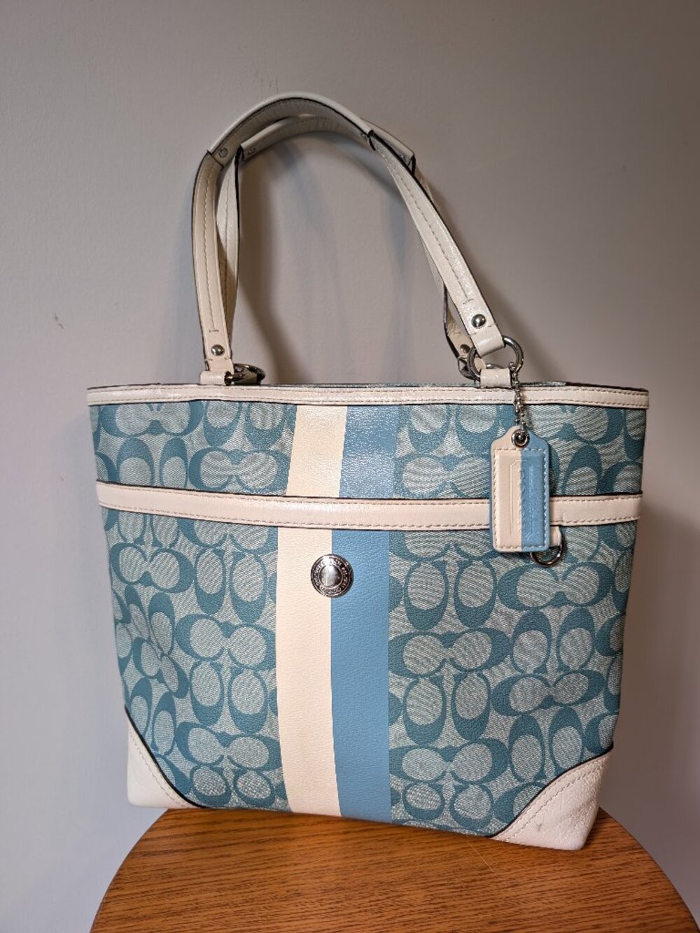 Coach F14477 Teal and Ivory Chelsea Heritage Stripe Signature Tote